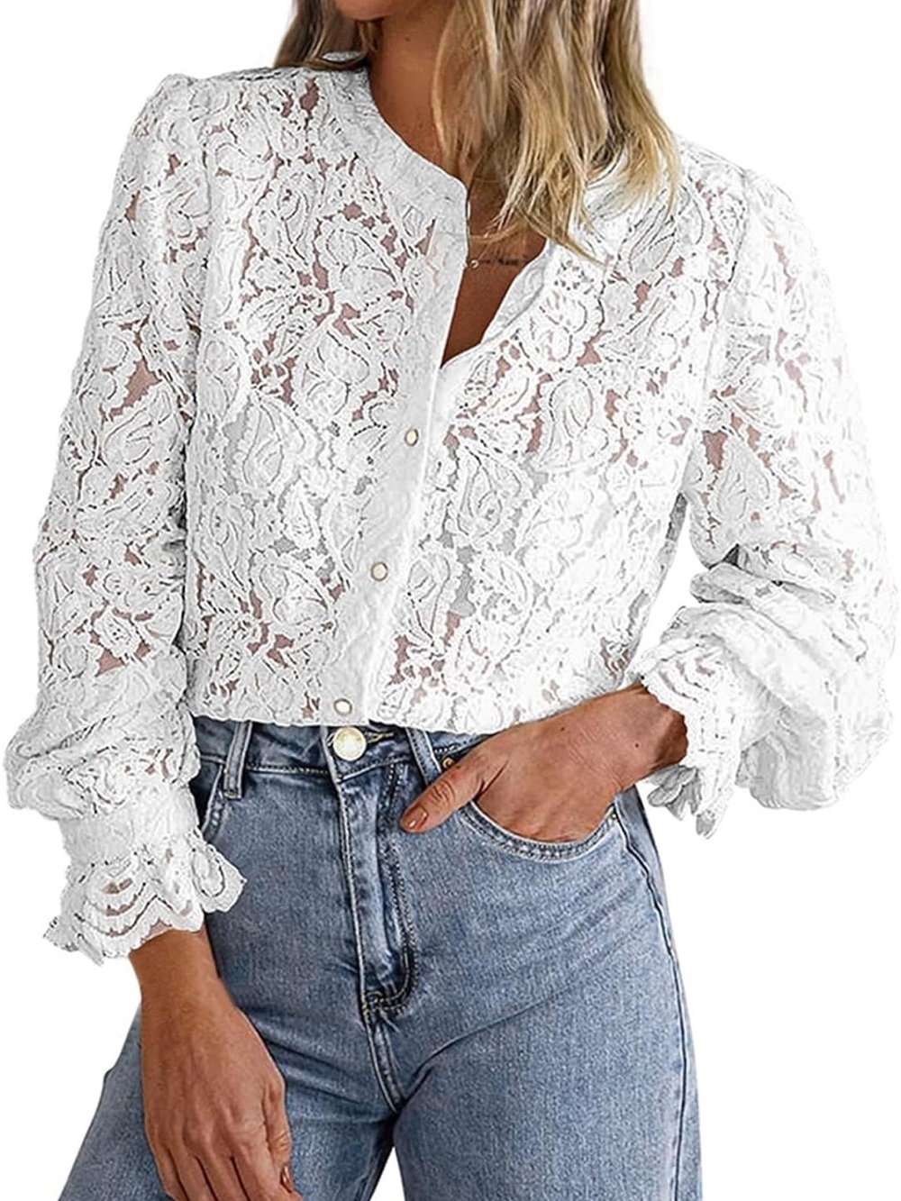 Amazon White Floral Lace Button-Down Blouse